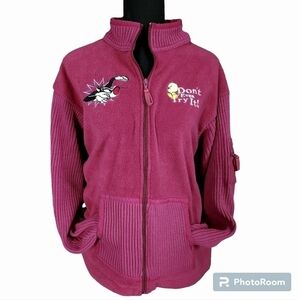 Y2K Looney Tunes Tweety Sylvester Full Zip Fleece Sweater